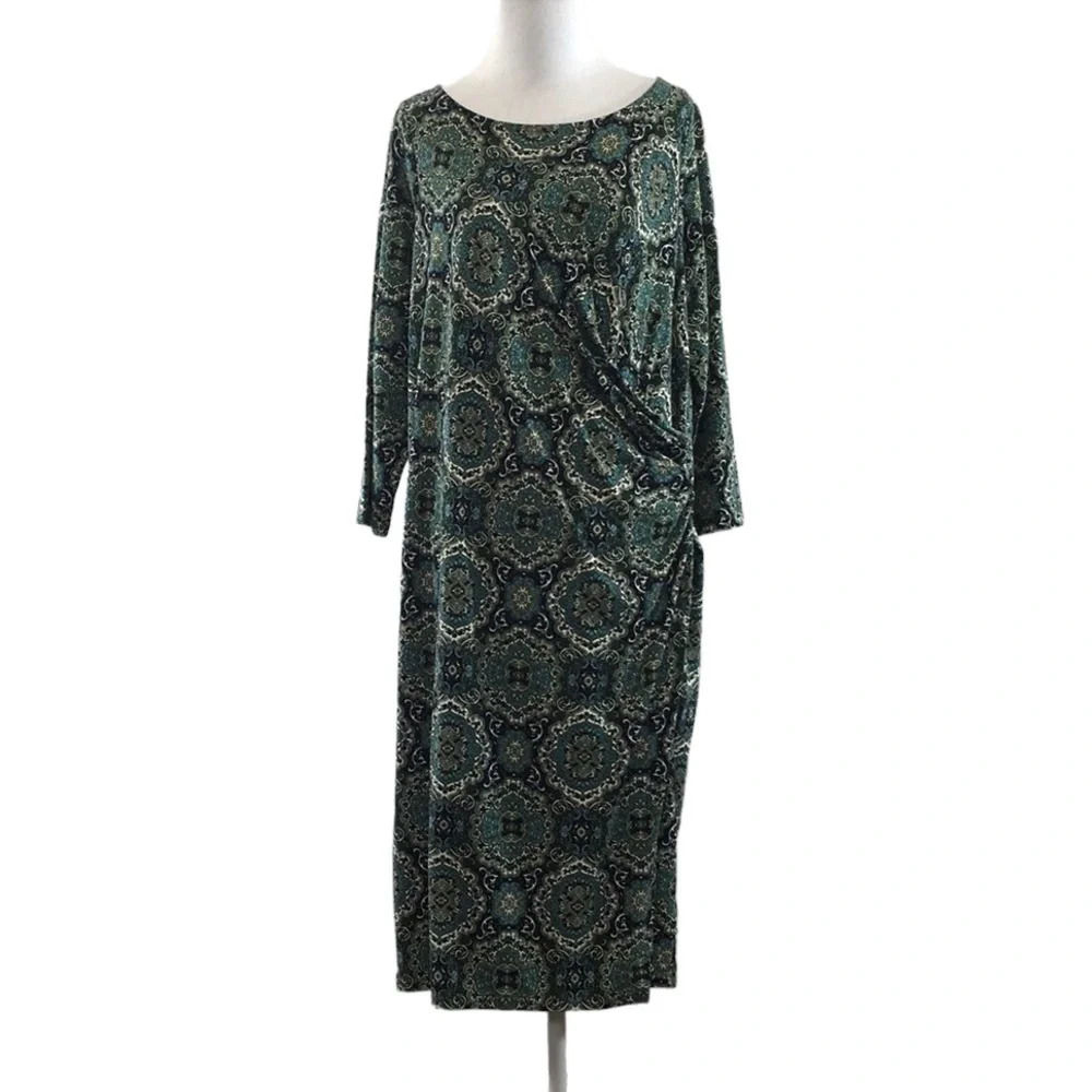 Talbots Green Blue‎ Batik Midi Faux Wrap Dress Womens X 3/4 Sleeve